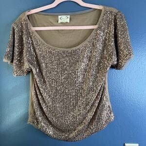 Mia Joy Rose Gold Sequin Short Sleeve Top Light Brown scoop neck Small NWOT